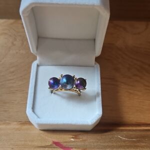 Estate Gold Three-Stone Blue and Purple Glass Orb Ring